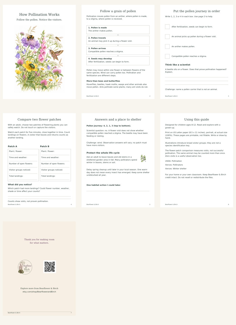 All seven pages of the corrected How Pollination Works printable, including activities, instructions, and thank-you page.