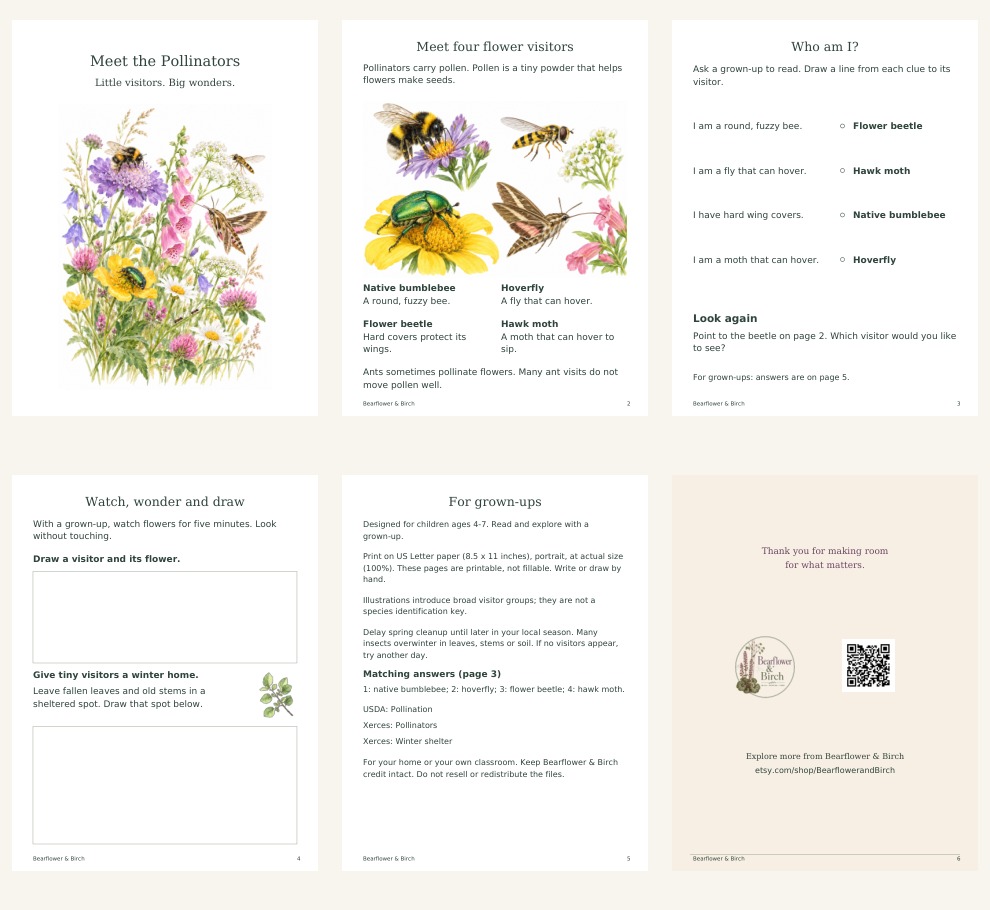 All six pages of the corrected Meet the Pollinators printable, including activities, instructions, and thank-you page.