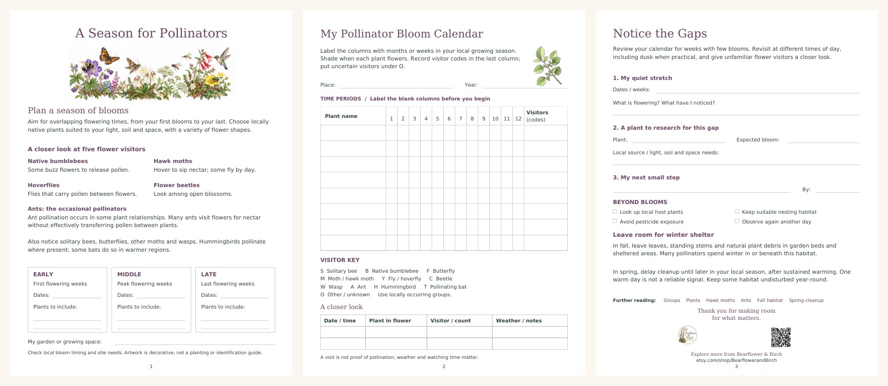All three pages of A Season for Pollinators: bloom planning, a pollinator bloom calendar, and habitat notes with space for observations.